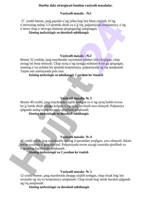 Harbiy dala xirurgiyasi fanidan vaziyatli masalalar