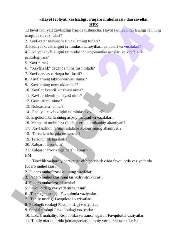 Hayot faoliyati xavfsizligi mavzulari bo’yicha savollar
