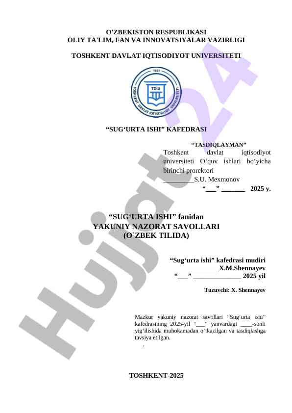 Sug‘urta ishidan yakuniy nazorat savollari