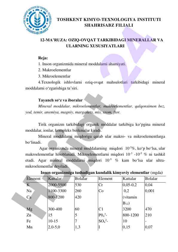 Oziq-ovqatda mineral moddalar va xususiyatlari