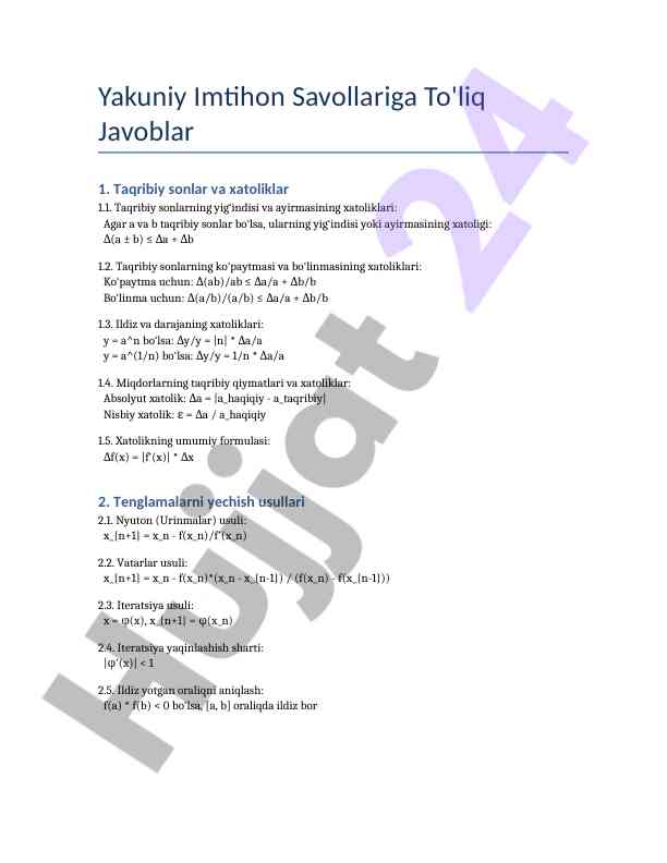 Yakuniy imtihon savollariga to'liq javoblar