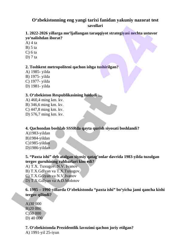O‘zbekiston tarixi fanidan test savollari