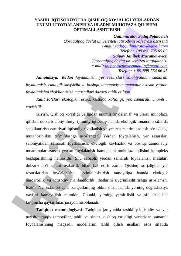 Yashil iqtisodiyotda qishloq xo‘jaligi va yerlar