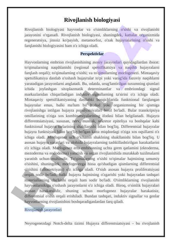 Rivojlanish biologiyasi va hayvonlar embrioni