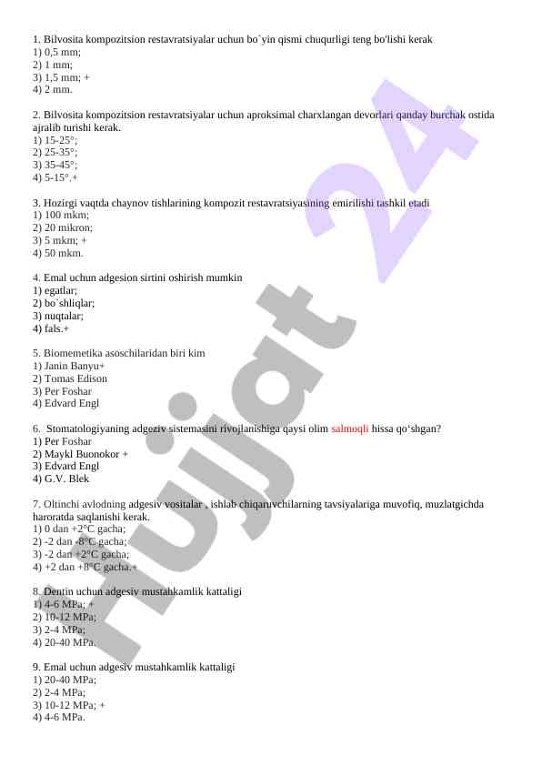 Kompozit restavratsiyalari uchun test savollari