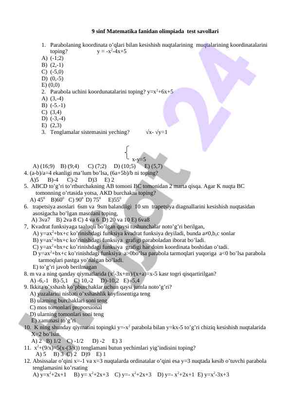 9 sinf matematika olimpiada test savollari