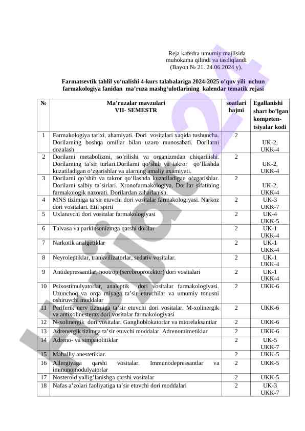 Farmakologiya fanidan kalendar tematik rejasi