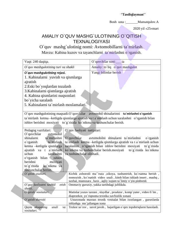 Avtomobillarni ta'mirlash amaliy o'quv mashg'uloti
