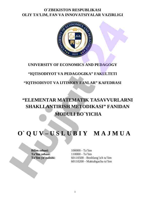Elementar matematika tasavvurlarni shakllantirish metodikasi