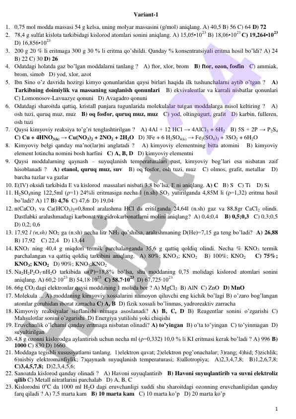 Kimyo mavzulari boyicha test savollari