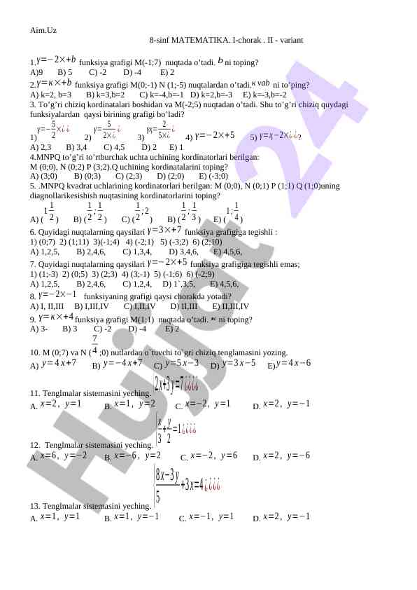 8-sinf matematika i-chorak ii variant savollari