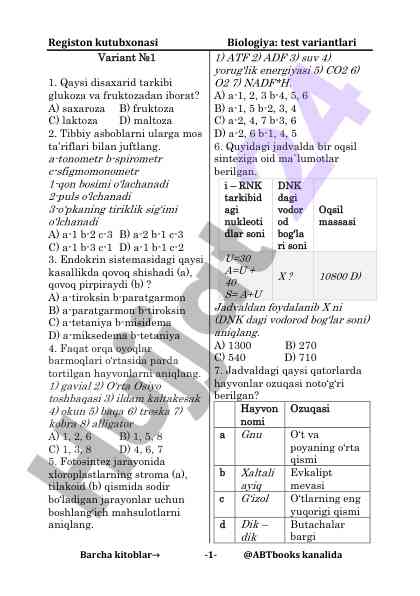 Biologiya test variantlari registon kutubxonasi