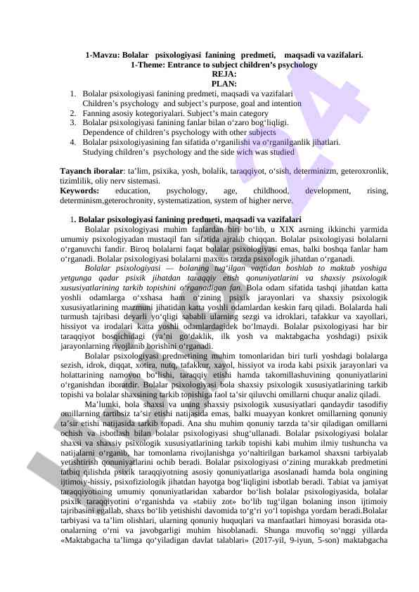 Bolalar psixologiyasi fani va uning vazifalari