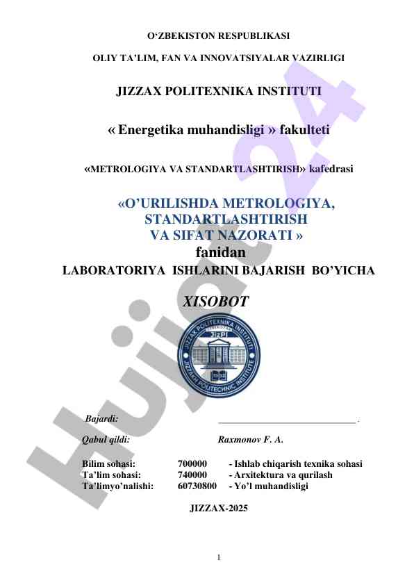 Metrologiya va standartlashtirish laboratoriya ishlari