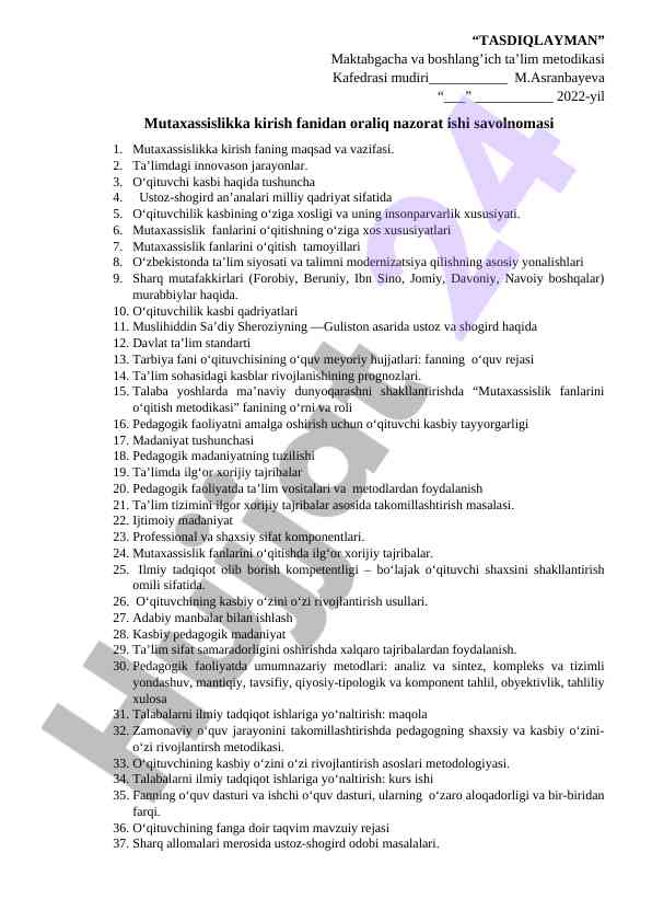 Mutaxassislikka Kirish Fanidan Oraliq Nazorat Ishlari