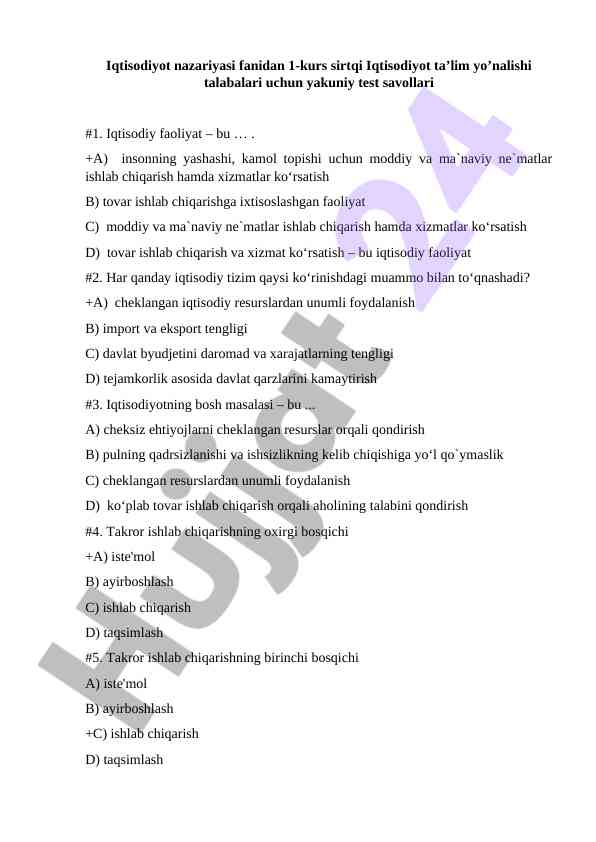 Iqtisodiyot nazariyasi 1-kurs yakuniy test savollari