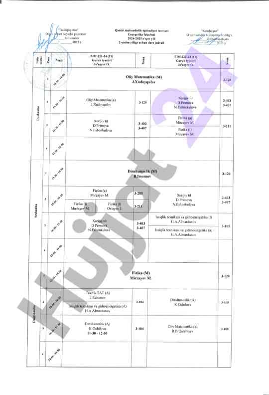 Fizika dars jadvali 2024-2025 o'quv yili