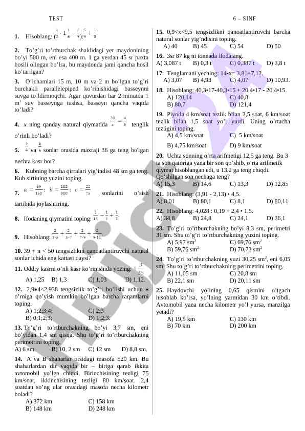 Matematik hisoblash vazifalari va masalalar