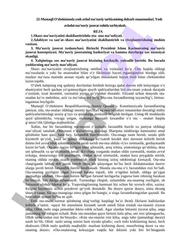 O‘zbekiston yosh avlod ma’naviy tarbiyasining muammolari