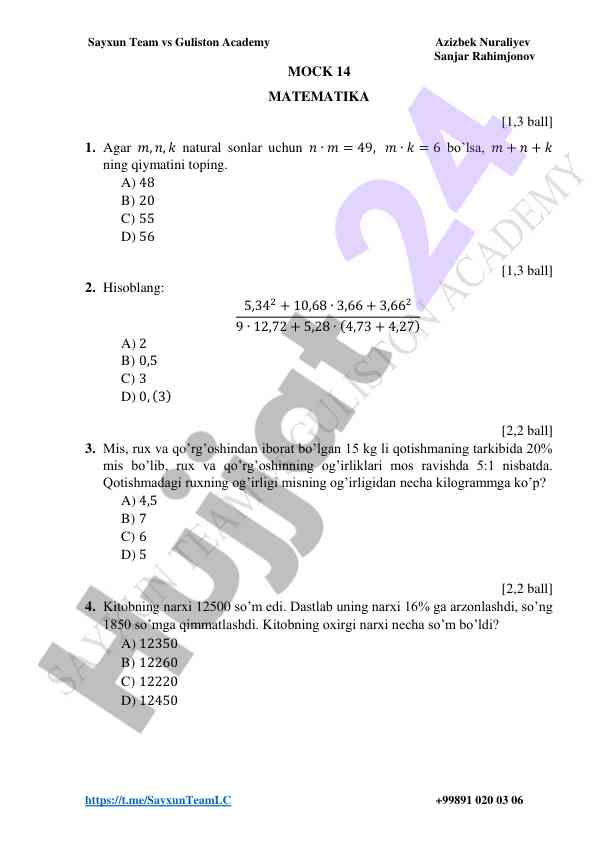 Matematika testi uchun savollar va topshiriqlar