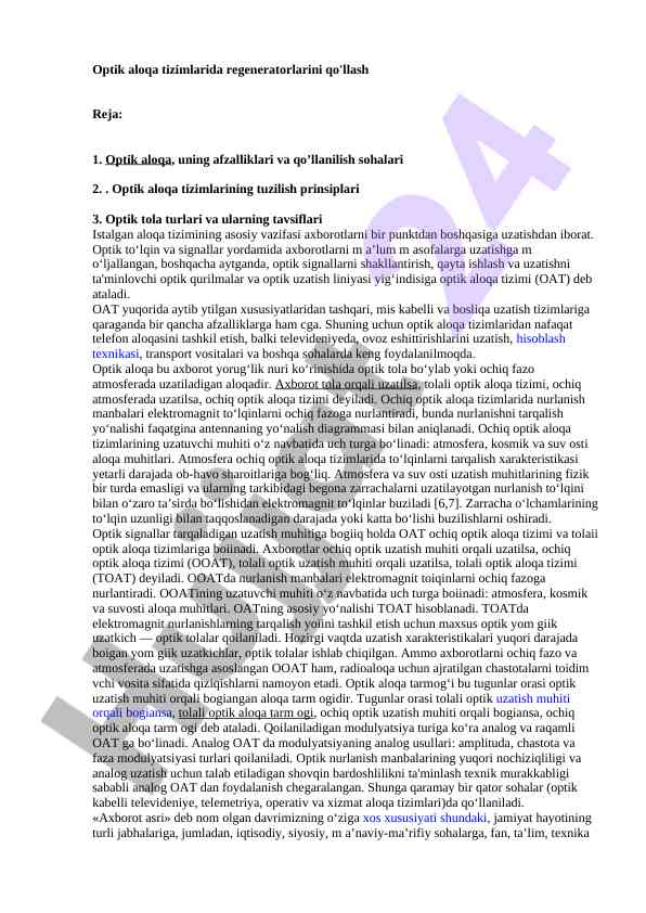 Optik aloqa tizimlarida regeneratorlarining qo'llanilishi