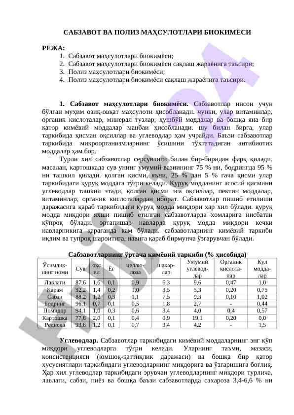 Sabzavot va poliz mahsulotlarining biokimyosi