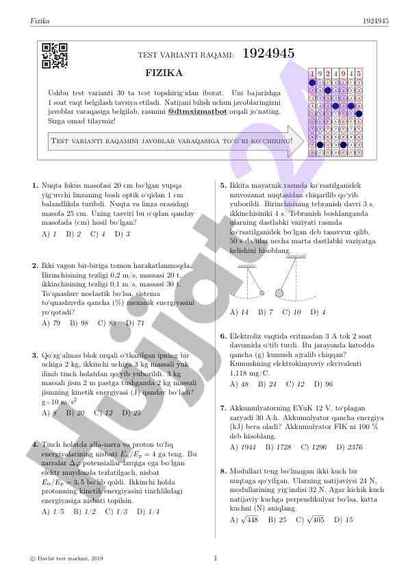 Fizika test varianti 1924945 bilan sinov o‘tish