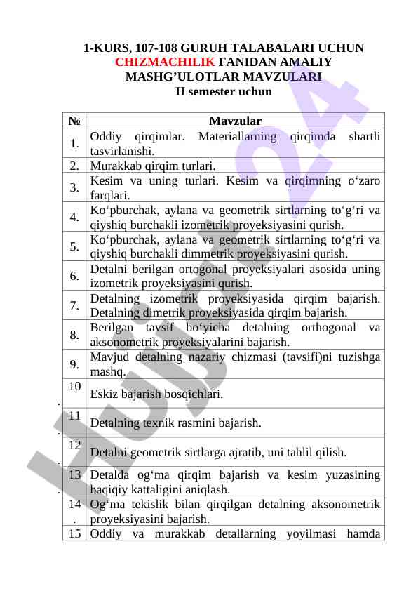 Chizmachilik fanidan amaliy mashg'ulotlar ii semestr