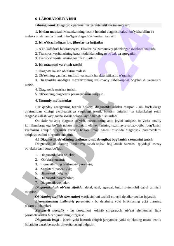 Diagnostik parametrlar xarakteristikalarini aniqlash