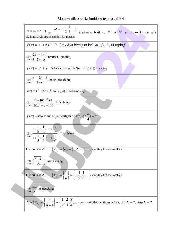 Matematik analiz fanidan test savollari
