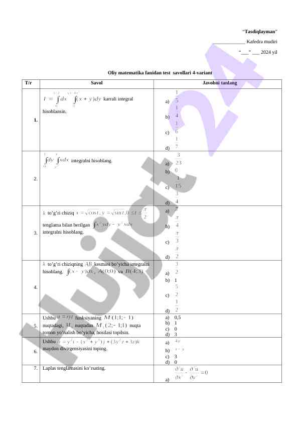 Oliy matematika fanidan test savollari 4-variant