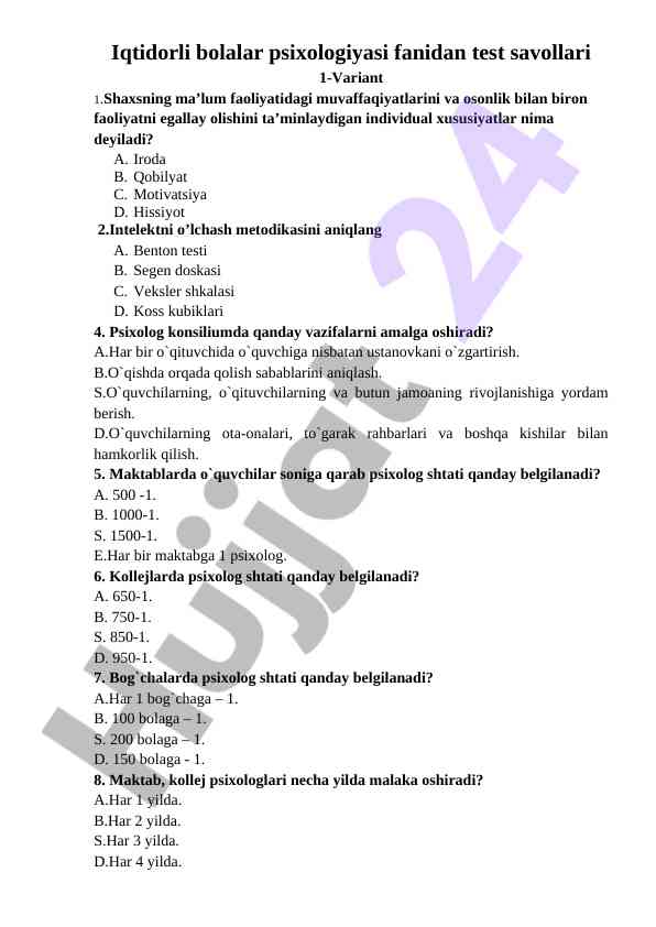 Psixologiya fanidan test savollari 1-variant