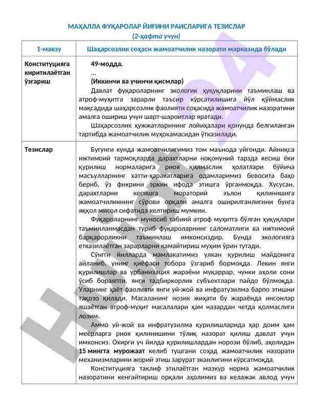 Mahalla fuqarolar yig'ini raislariga tezislar