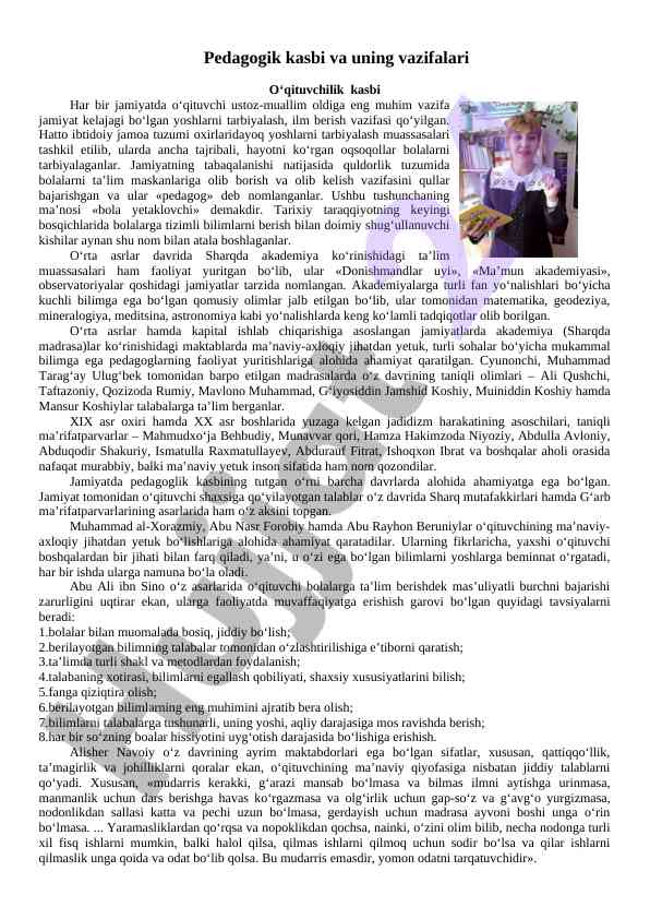 Pedagogik kasbi va uning vazifalari o‘qituvchilik kasbi