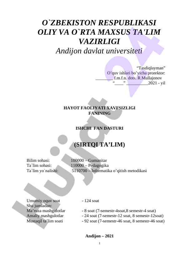 Hayot faoliyati xavfsizligi fan dasturi