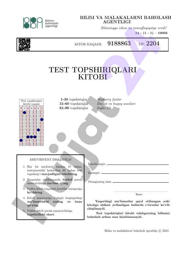 Test topsiriqlari kitobi i tizimiga oid