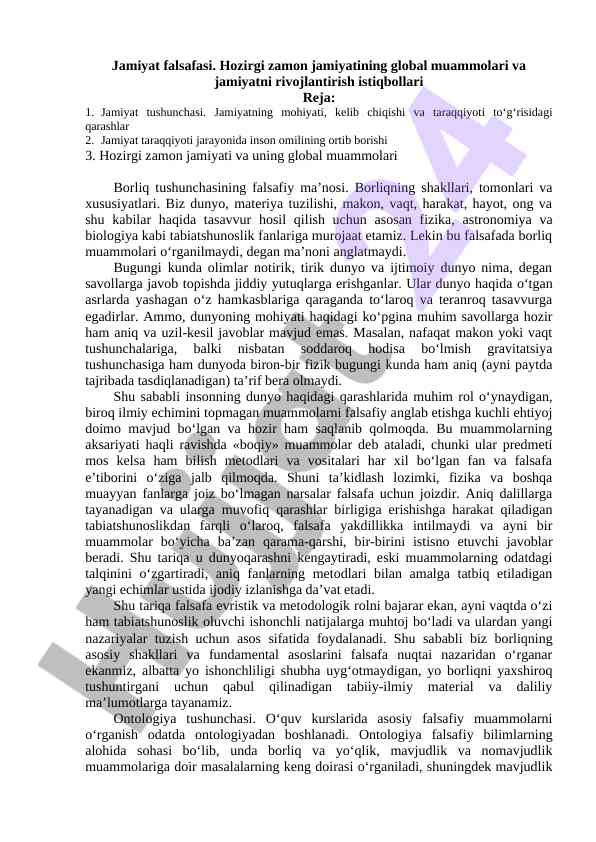 Jahon jamiyatining global muammolari va falsafasi