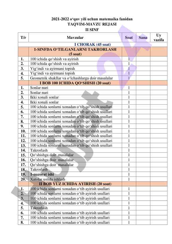 Matematika fanidan ta'lim rejasi ii sinf uchun