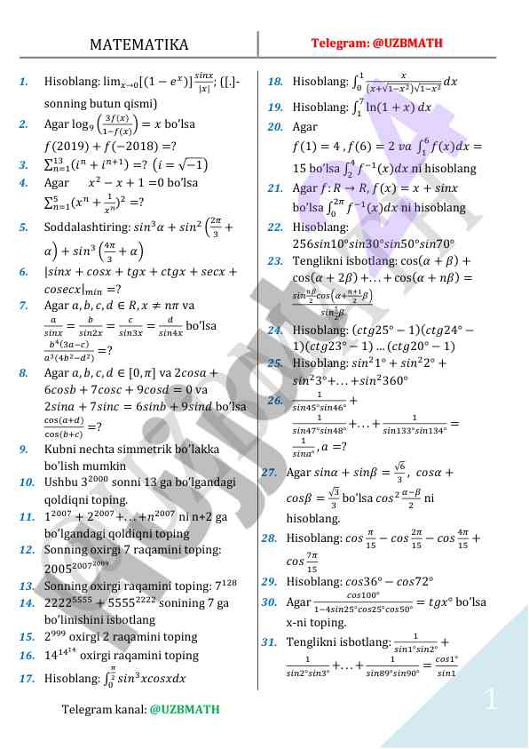 Matematik hisoblash masalalari toʻplami