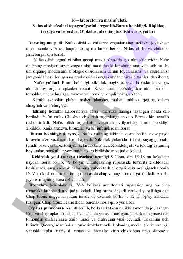 Nafas olish a'zolari topografiyasini o'rganish