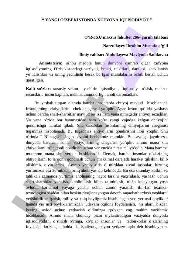 Yangi o’zbekistonda xufyona iqtisodiyotning ahmiyati