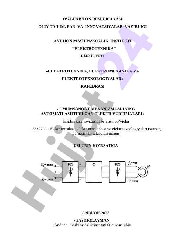 Elektrotexnika fanidan kurs loyihasi uchun usuliy ko‘rsatma
