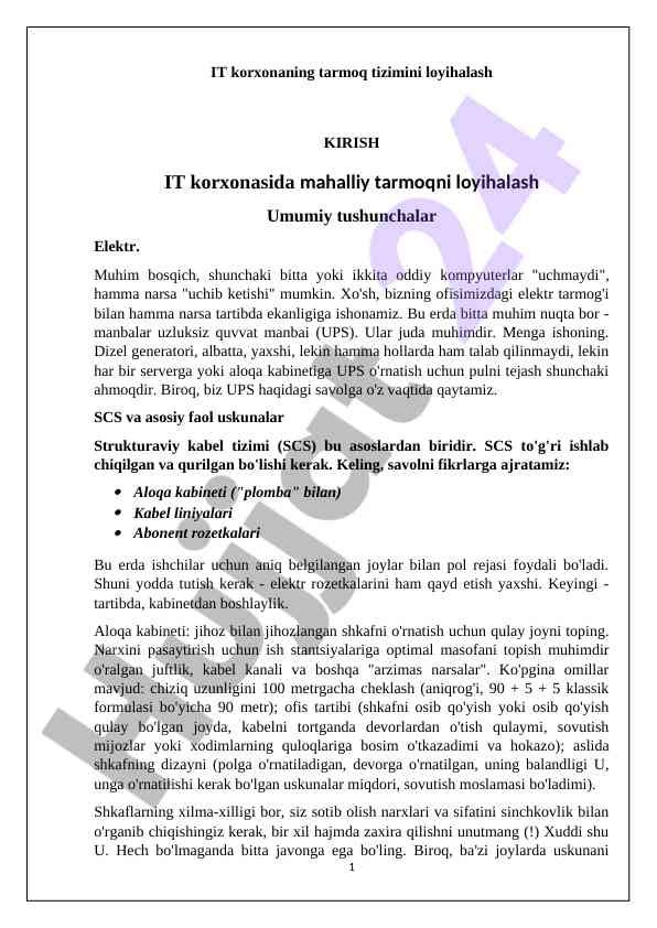 IT Korxonasining Tarmoq Tizimini Loyihalash
