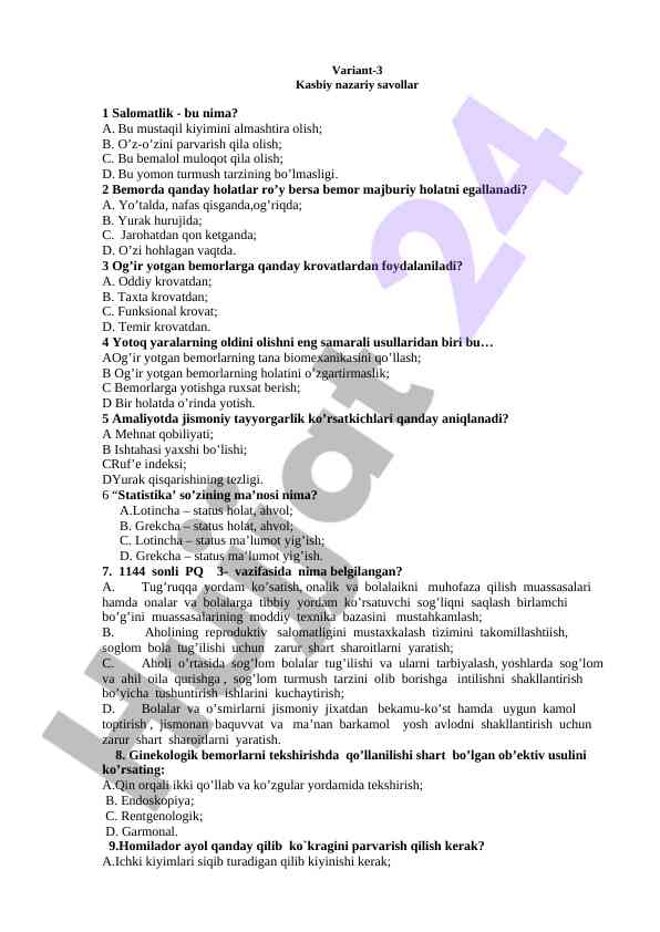 Variant-3 kasbiy nazariy savollar testi