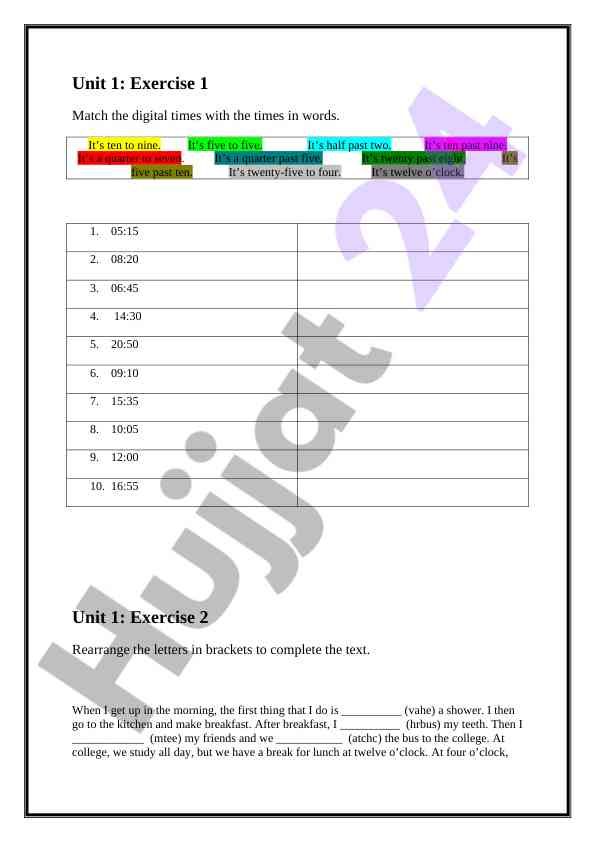 Digital times matching and daily routines exercise