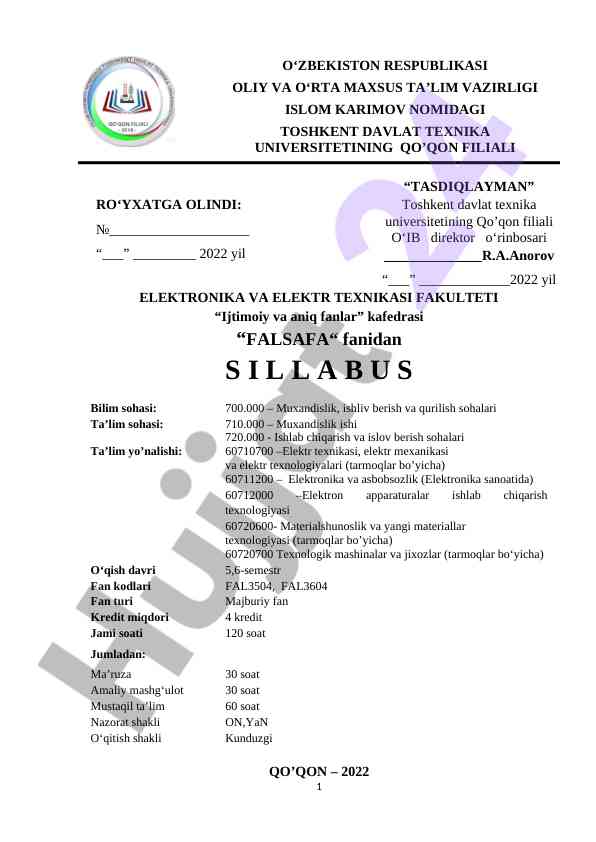 Falsafa fani sillabusi 2022 yil