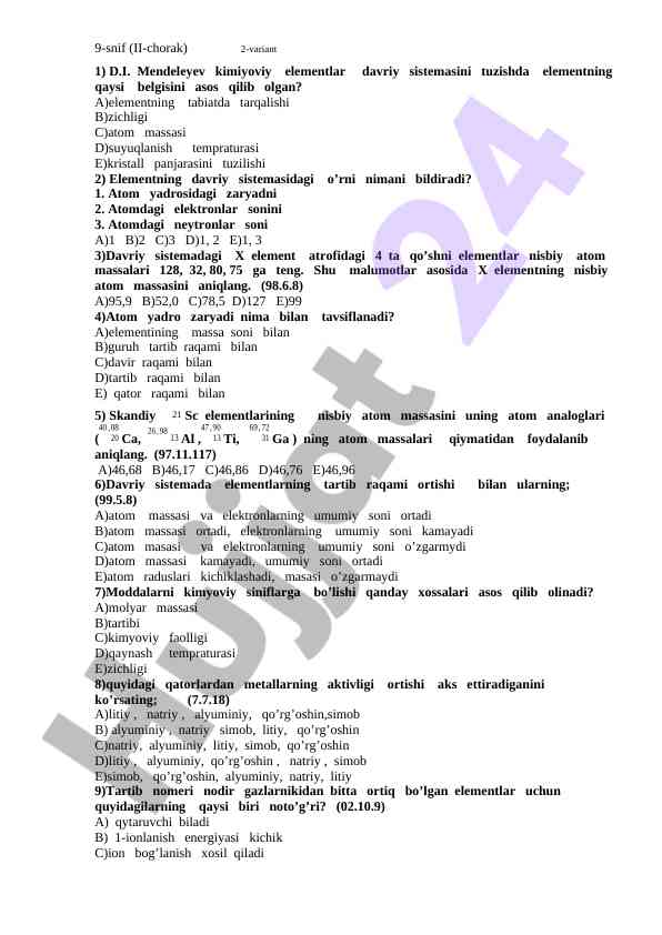 Kimiyoviy elementlar davriy sistema savollari