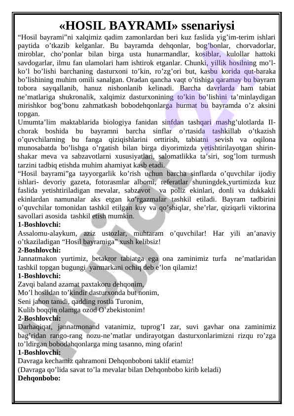 Hosil bayrami va uning o‘rni xalqimizda