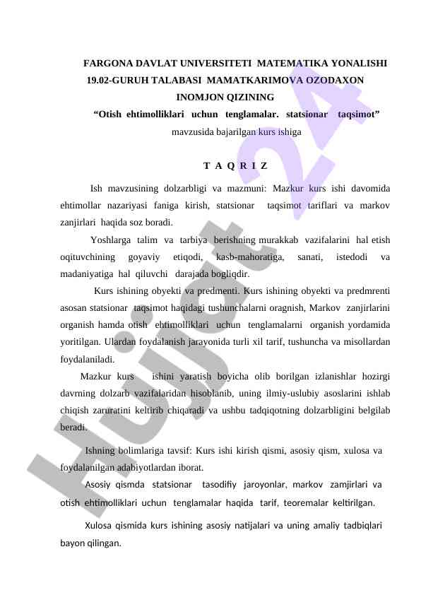 O’tish ehtimolliklari uchun tenglamalar tahlili