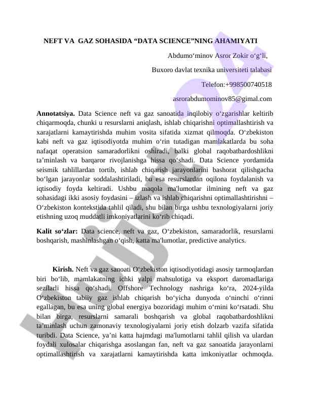 Data science neft va gaz sanoatidagi ahamiyati